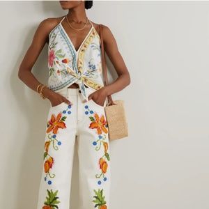 NWT $175 Farm Rio "Grandma Gift" Embroidered XL Halter Tie Strap Top Blouse